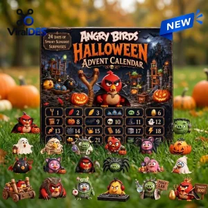 Front view of Angry Birds Halloween Advent Calendar 2026 box surrounded by toy figures on grass.