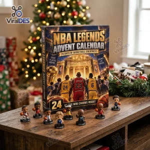 Front view of the NBA Legends Basketball Advent Calendar 2026 with miniature figurines on a wooden table.