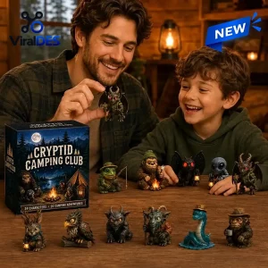 Father and son opening the Cryptid Camping Club Advent Calendar 2026 with miniature monster figurines.