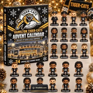 Front view of Hamilton Tiger-Cats 2026 Advent Calendar box next to array of mini player figurines.
