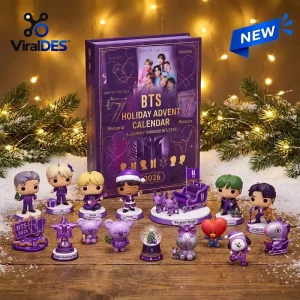 Front view of BTS 2026 Purple Holiday Advent Calendar with miniature figures displayed on a snowy wooden surface.