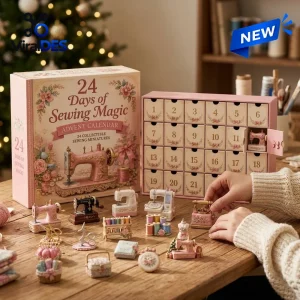 Front view of a Merry Christmas Sewing Magic Advent Calendar box with open drawers and miniature sewing tools displayed.