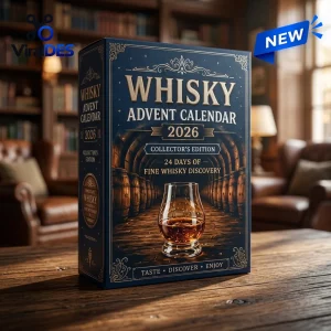 Angled view of the Whisky 2026 Collector Edition Advent Calendar on a wooden table with a blurred library background.
