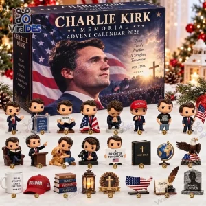 Front view of the Charlie Kirk Memorial Advent Calendar 2026 box with numbered miniature figurines and holiday items displayed.