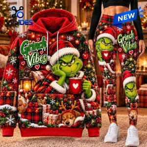 Front view of a Grinch Hoodie and Leggings Set featuring red plaid, holiday motifs, and text saying Grinch Vibes.