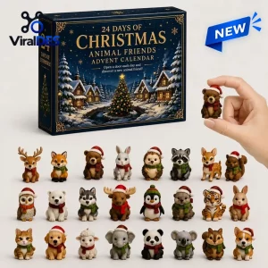Front view of an Animal Friends Christmas Advent Calendar with 24 miniature holiday animal figurines displayed below.