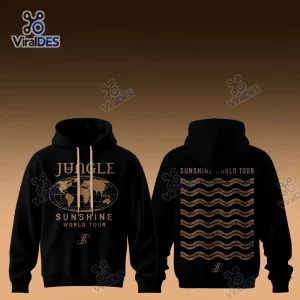 Front and back view of the black Jungle Sunshine World Tour merchandise hoodie with gold graphics.