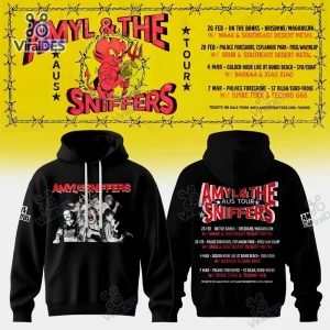 Front and back view of the Amyl and the Sniffers Australia Tour Hoodie with band graphics.
