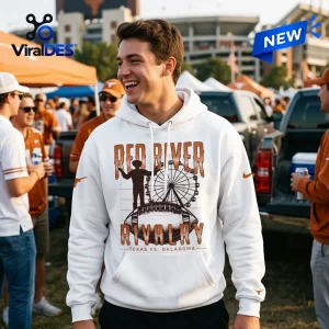 Man wearing Texas Longhorns Red River Rivalry White Hoodie at outdoor tailgate.