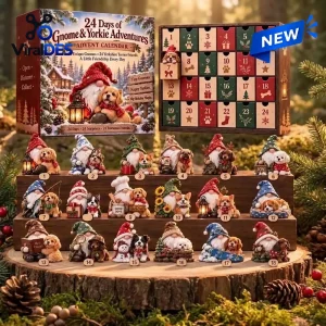 Front view of the 24 Days of Gnomes & Yorkie Adventures Advent Calendar with figurines displayed.