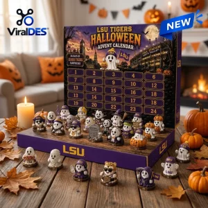 Front view of Louisiana State University Tigers Halloween Advent Calendar with ghost figurines.