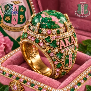 Closeup of an Alpha Kappa Alpha Gold Ring featuring green and pink gemstones, ivy leaves, and engraved lettering resting in a velvet box.