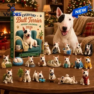 Front view of Everyday Bull Terrier Advent Calendar 2026 box alongside twenty-four miniature figurines arranged on a wooden table.
