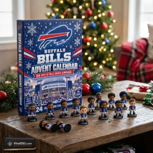 Front view of the Buffalo Bills NFL Football Advent Calendar 2026 box with toy figures on a wooden table.