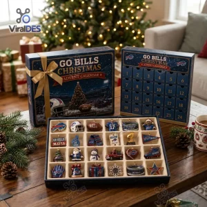 Front view of a blue Buffalo Bills Christmas Advent Calendar with 24 numbered drawers displaying small themed ornaments.