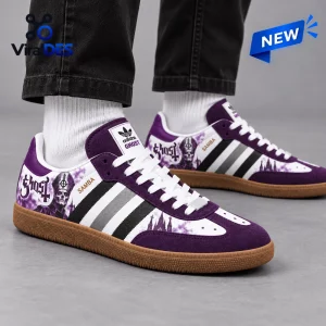 On-feet view of Ghost Purple Band Adidas Samba Shoes with custom graphics, white laces, and gum soles.
