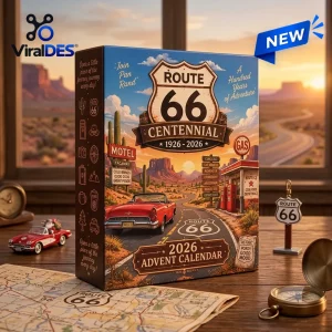 Front view of the Route 66 100th Anniversary 2026 Advent Calendar box on a wooden desk.