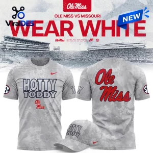 Front and back view of the grey Ole Miss Rebels Hotty Toddy shirt with matching hat against a stadium background.