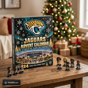 Front view of the Jacksonville Jaguars 2026 Advent Calendar box on a wooden table with mini figurines.