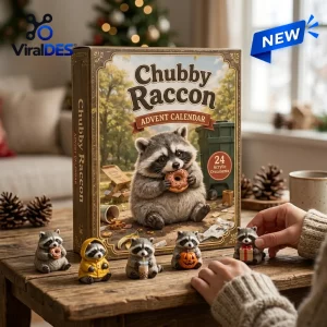 Front view of Chubby Raccoon Resin Advent Calendar box displayed with small raccoon figurines on a wooden table.