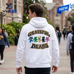 Back view of a person wearing a white hoodie with colorful dancing bears and bold text.