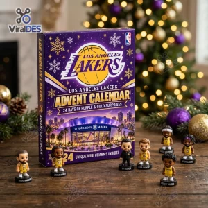 Front view of Los Angeles Lakers 2026 Advent Calendar box surrounded by mini player figurines.