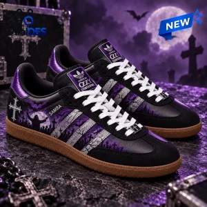 Side view of Adidas Ozzy Osbourne Samba Shoes featuring black sneakers with purple graveyard graphics and white laces.