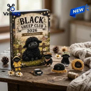 Front view of the Black Sheep Club 2026 Advent Calendar box alongside miniature black sheep figurines on a wooden table.