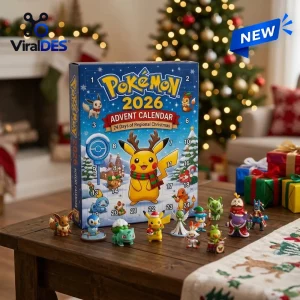 Front view of Pokemon 2026 Christmas Advent Calendar box with figures on a wooden table.