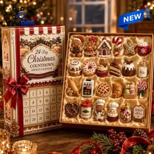 Open box displaying miniature bakery charms for the Christmas Bakery Collection Advent Calendar.