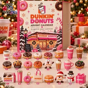Front view of the Dunkin Donuts Christmas Advent Calendar with twenty-four numbered miniature surprises.
