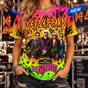 Front view of a colorful gradient Def Leppard Goo Goo Dolls Tour Shirt featuring band member photos and signatures.