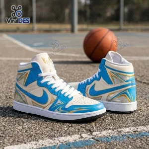 Side view of Lionel Messi Air Jordan 1 High Top Sneakers in blue, white, and gold on an outdoor court.