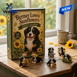 Front view of Berner Loves Sunflowers Advent Calendar 2026 box with dog figurines on a wooden table.