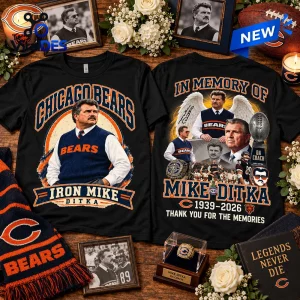 Front and back view of a black Chicago Bears Iron Mike Ditka memorial t-shirt displayed with football memorabilia.
