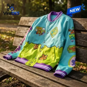 Front view of a Scooby Doo Mystery Machine varsity jacket resting on a wooden park bench.