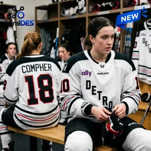 Players wearing the PWHL Detroit 2026 Away Custom Hockey Jersey in a locker room setting.