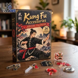 Front view of Kung Fu Accessories Advent Calendar box with acrylic ornaments on wooden table.