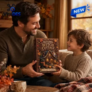 Father and child holding the Autumn Witch Cottage Advent Calendar box indoors.