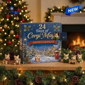 Front view of the British Corgis Advent Calendar 2026 with miniature figurines on a mantelpiece.