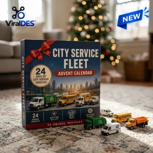 Front view of City Service Fleet Advent Calendar 2026 box with toy vehicles on a rug in front of a tree.