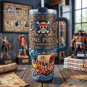 Front view of One Piece 30th Anniversary 1997 - 2027 Handle Tumbler Cup featuring embossed pirate motifs and ship.