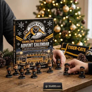 Front view of Hamilton Tiger-Cats 2026 Advent Calendar surrounded by miniature player figurines.