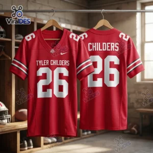 Front and back view of the Ohio State Buckeyes Tyler Childers 2026 red football jersey hanging in a locker room.