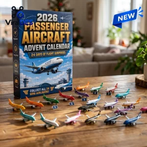 Front view of the passenger aircraft advent calendar with 24 mini airliner toys displayed on a wooden table.