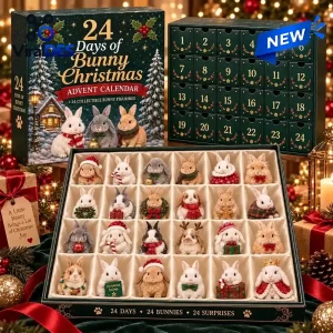 Front view of the 24 Days of Bunny Christmas Advent Calendar with an open box revealing miniature bunny figurines.