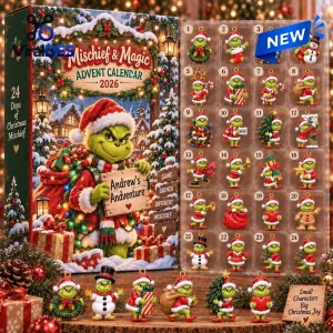 Front view of Grinch Christmas Advent Calendar 2026 box with numbered holiday figurines inside.