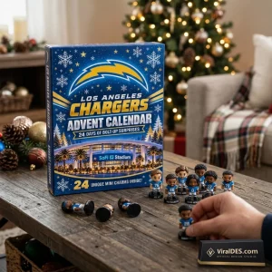 Front view of Los Angeles Chargers 2026 Advent Calendar box on a wooden table with miniature figurines.
