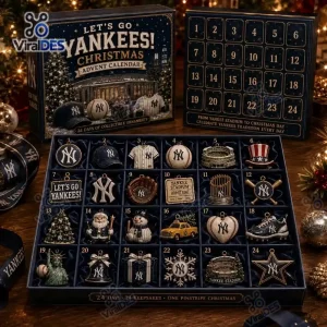 Top view of a New York Yankees Christmas advent calendar box displaying twenty four numbered compartments filled with baseball themed ornaments.