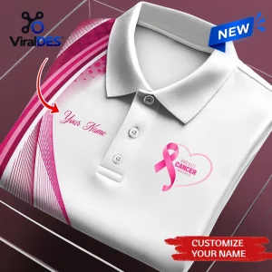 Close-up view of a custom name breast cancer awareness polo shirt with pink ribbon graphics.